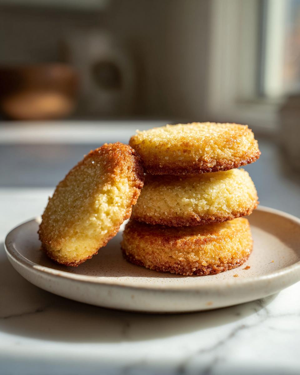 A stack of four golden brown 3-ingredient butter cookies, coated in sugar, resting on a small plate.