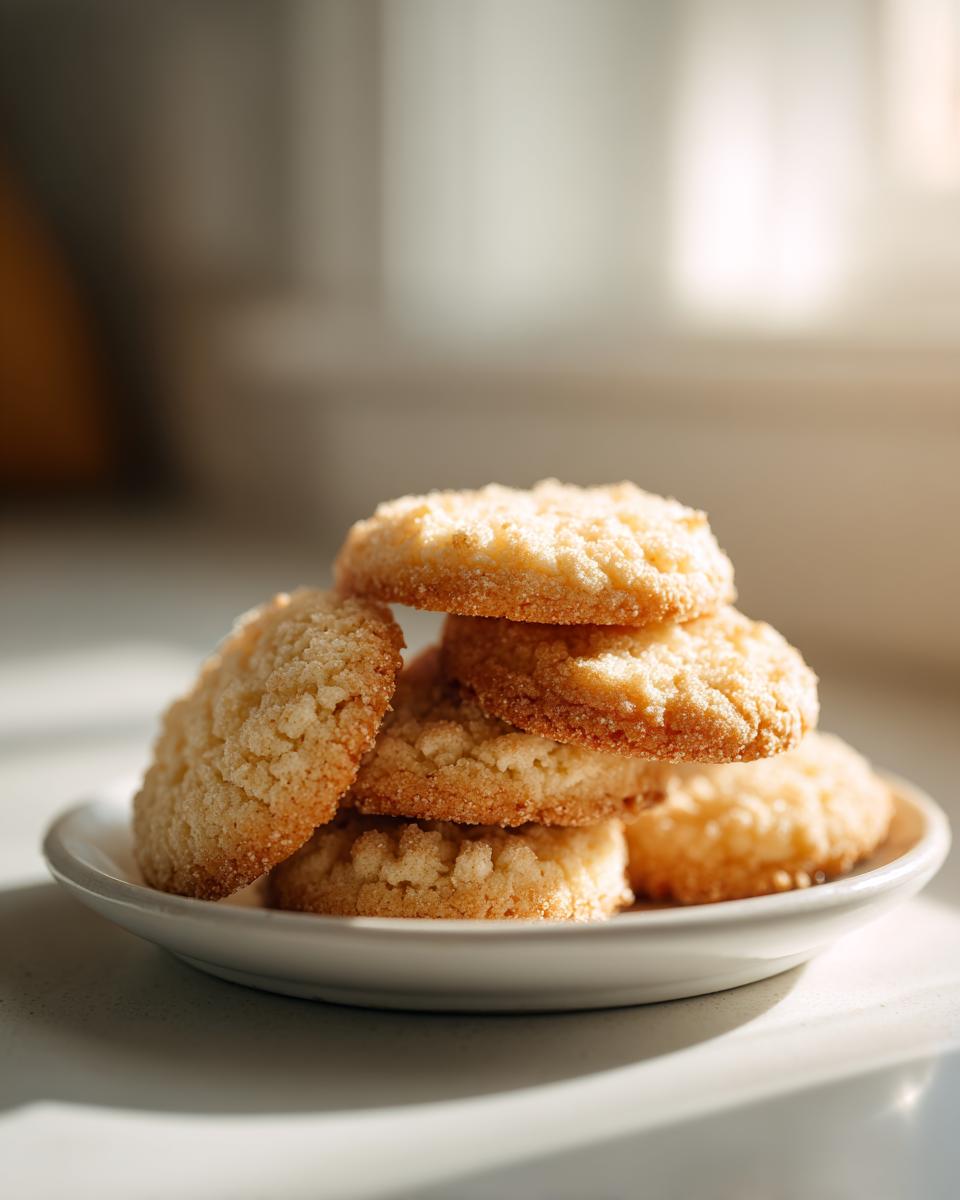 A stack of golden, crumbly 3-ingredient butter cookies resting on a small white plate in bright sunlight.