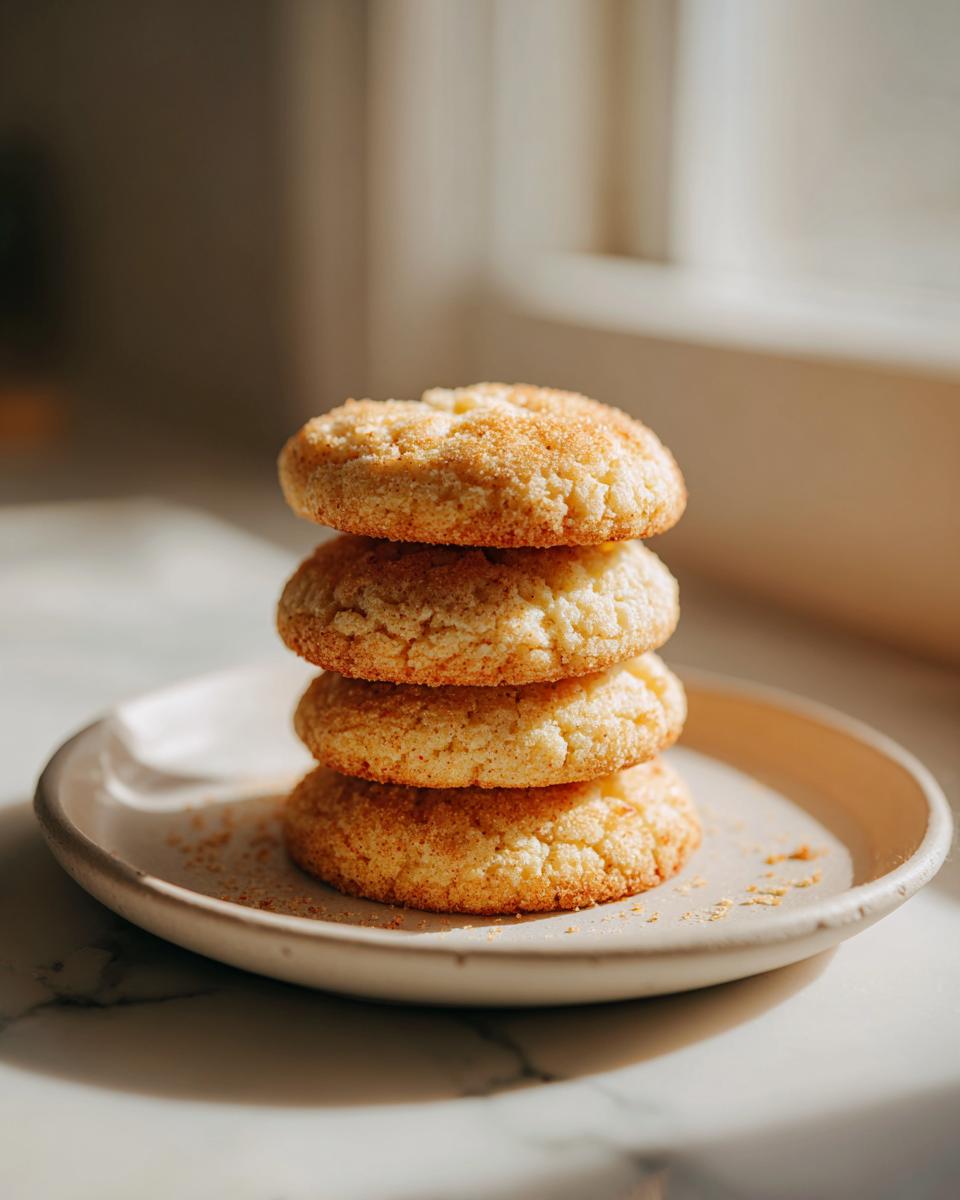 A stack of four golden 3-ingredient butter cookies dusted with sugar on a small, light-colored plate.
