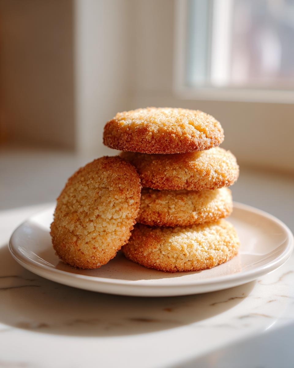 A stack of four golden, slightly textured 3-ingredient butter cookies resting on a small white plate.