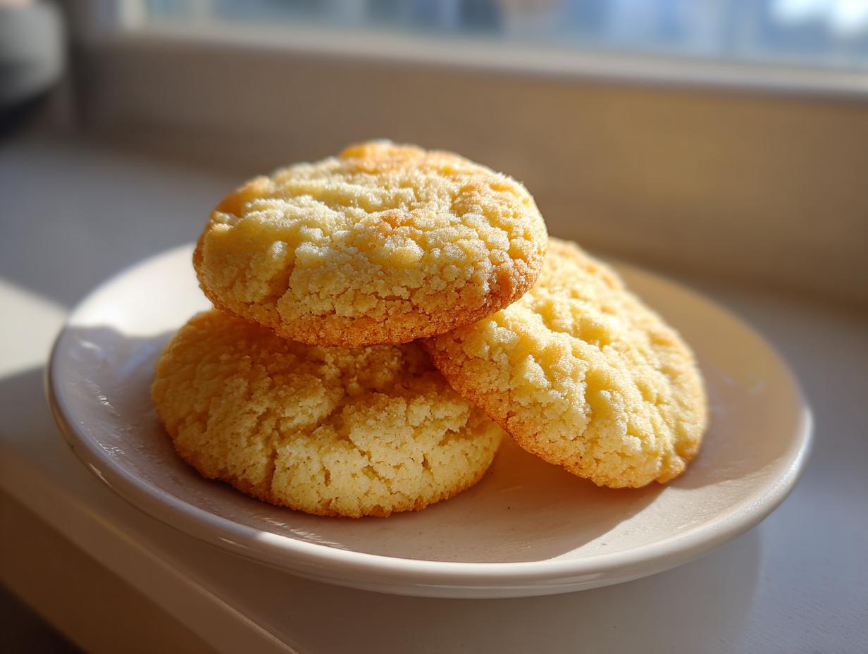 Three golden, crumbly 3-ingredient butter cookies stacked on a small white plate near a window.