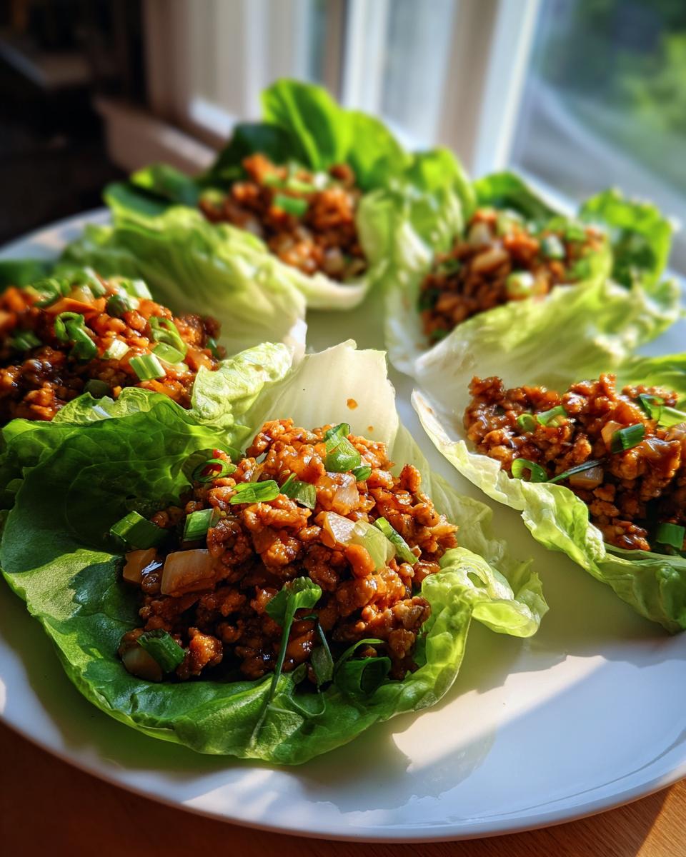 Several servings of flavorful chicken lettuce wraps filled with savory ground chicken mixture and topped with green onions.
