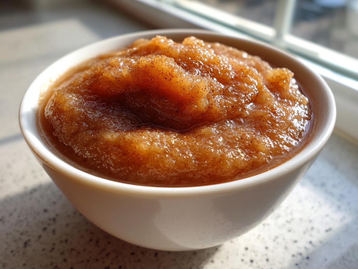 Close-up of rich, brown homemade applesauce sprinkled with cinnamon in a white bowl.