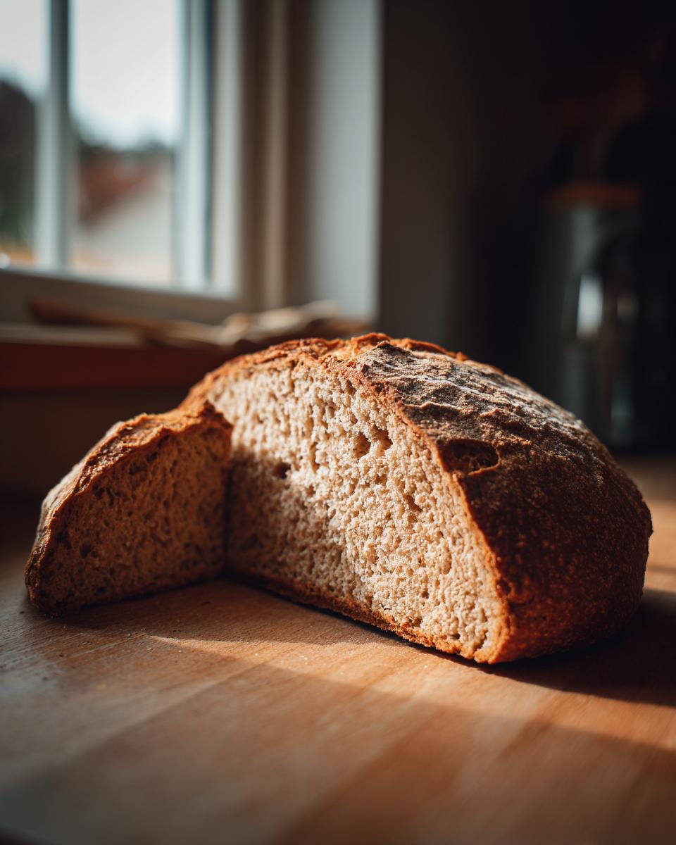 A rustic loaf of homemade soda bread, cut in half to show the crumb texture, illuminated by sunlight.