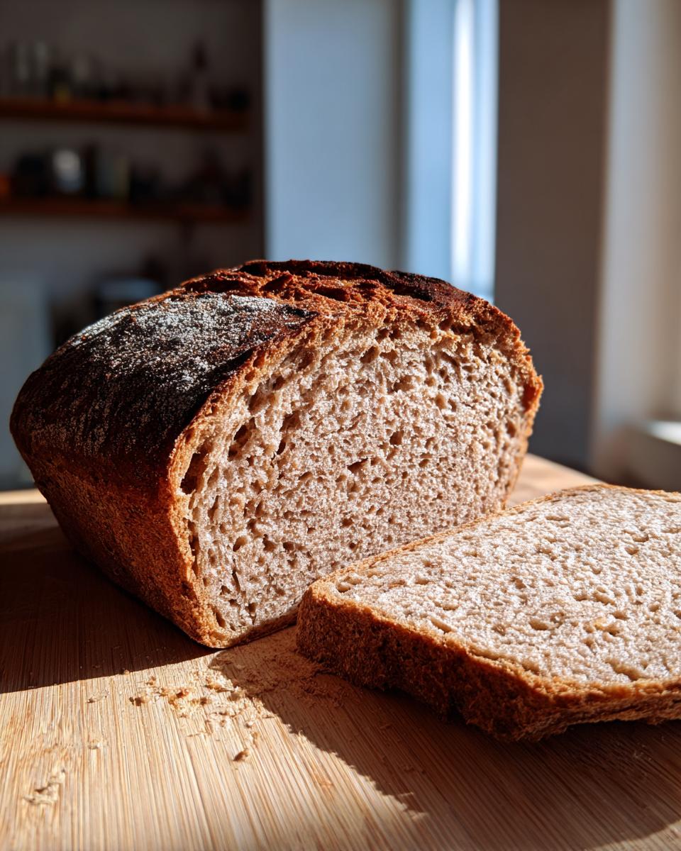 A loaf of rustic soda bread, sliced open to show the crumb texture, resting on a wooden board.