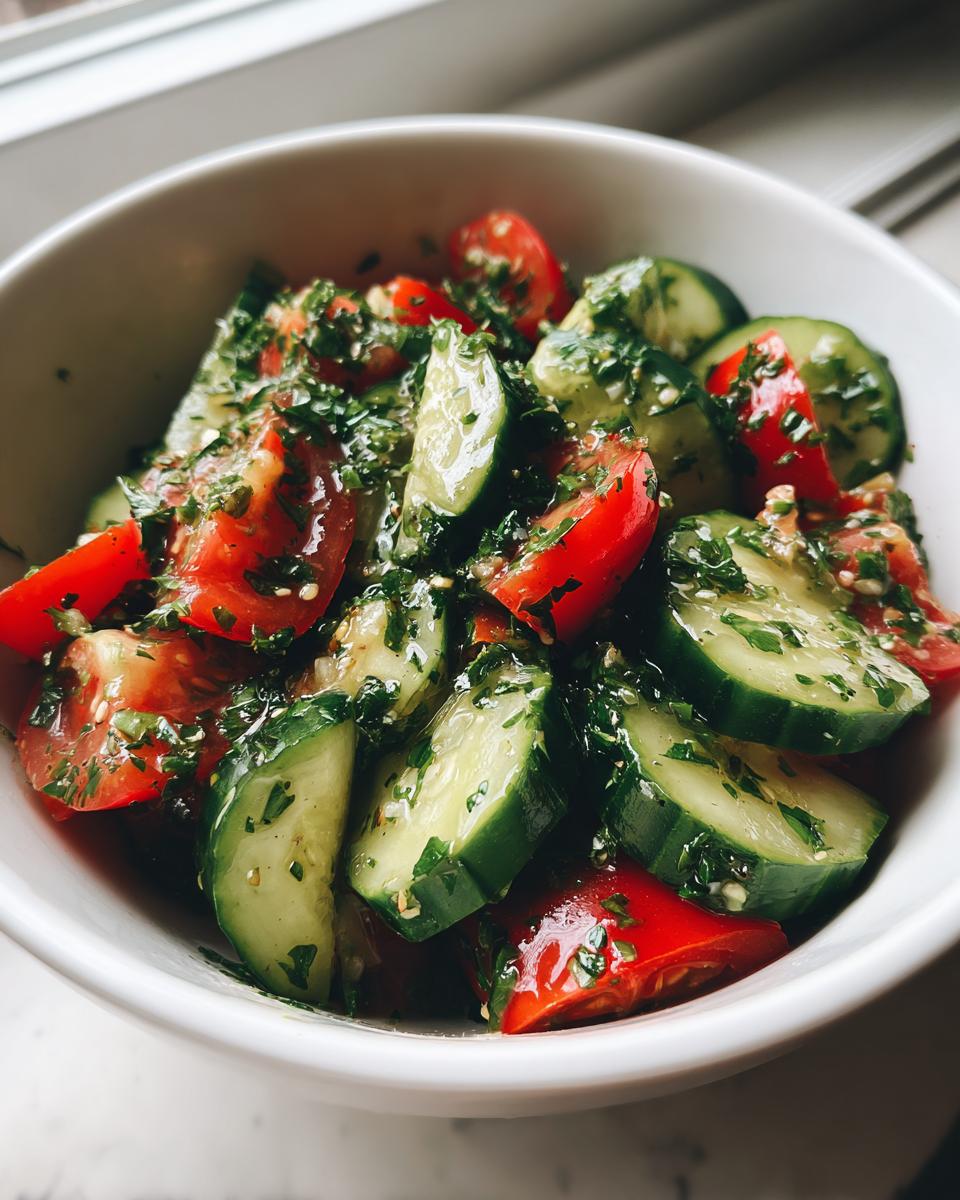 Close-up of a fresh cucumber tomato salad tossed in a light dressing with herbs, served in a white bowl.