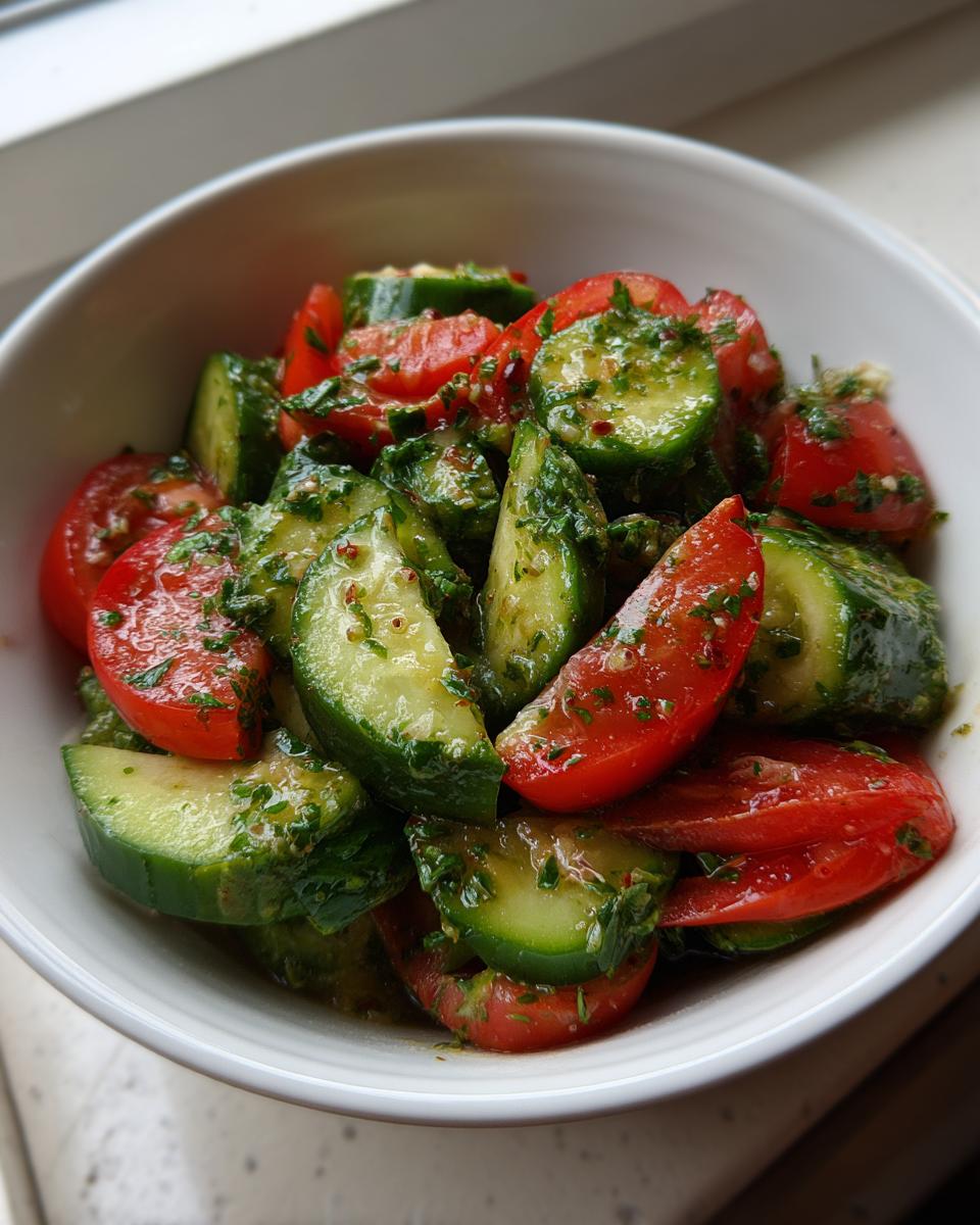 Close-up of a vibrant cucumber tomato salad tossed in a herby vinaigrette, served in a white bowl.