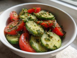 Close-up of fresh cucumber tomato salad tossed in a vibrant herb dressing, served in a white bowl.