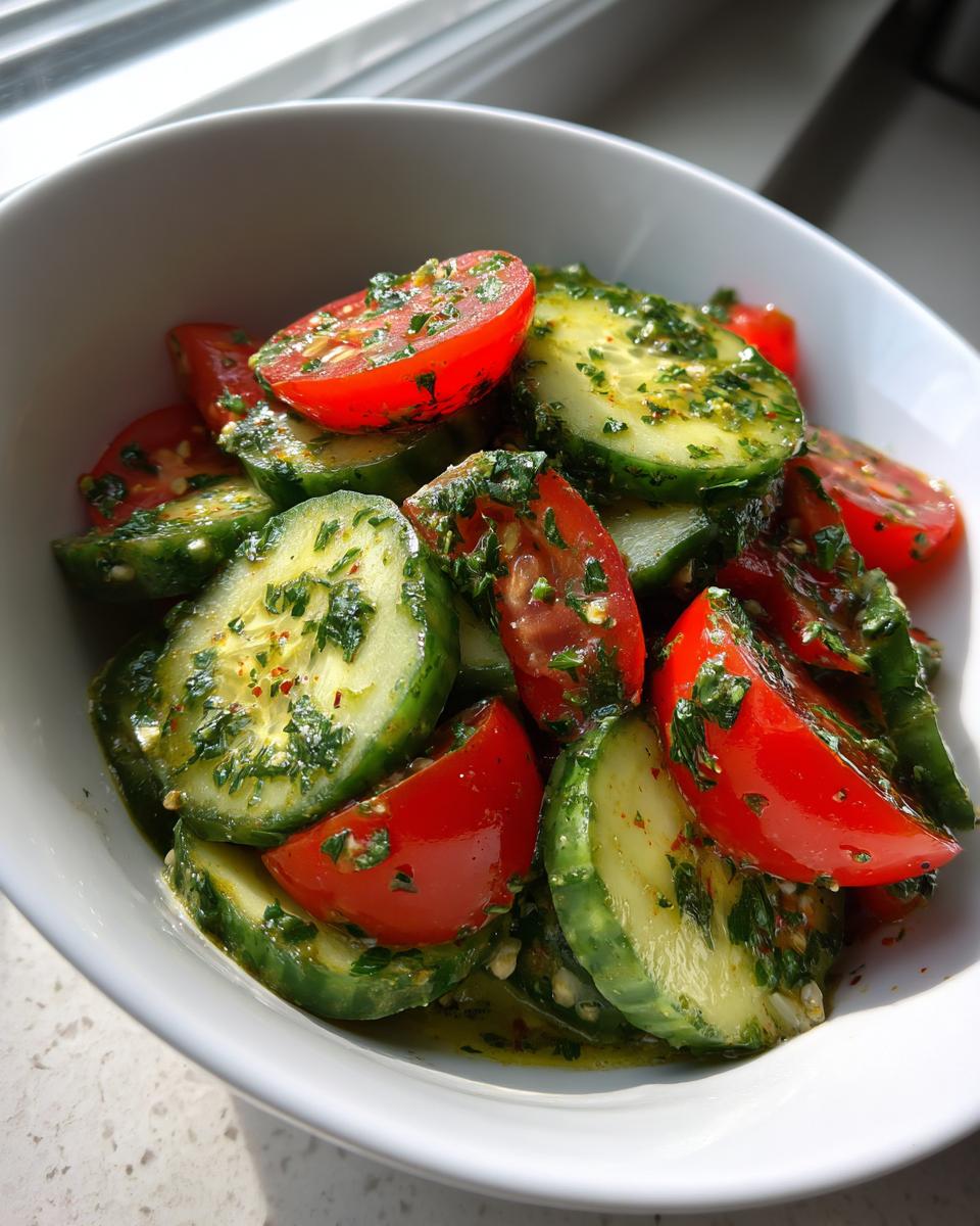 Close-up of a vibrant cucumber tomato salad tossed in a green herb dressing, served in a white bowl.