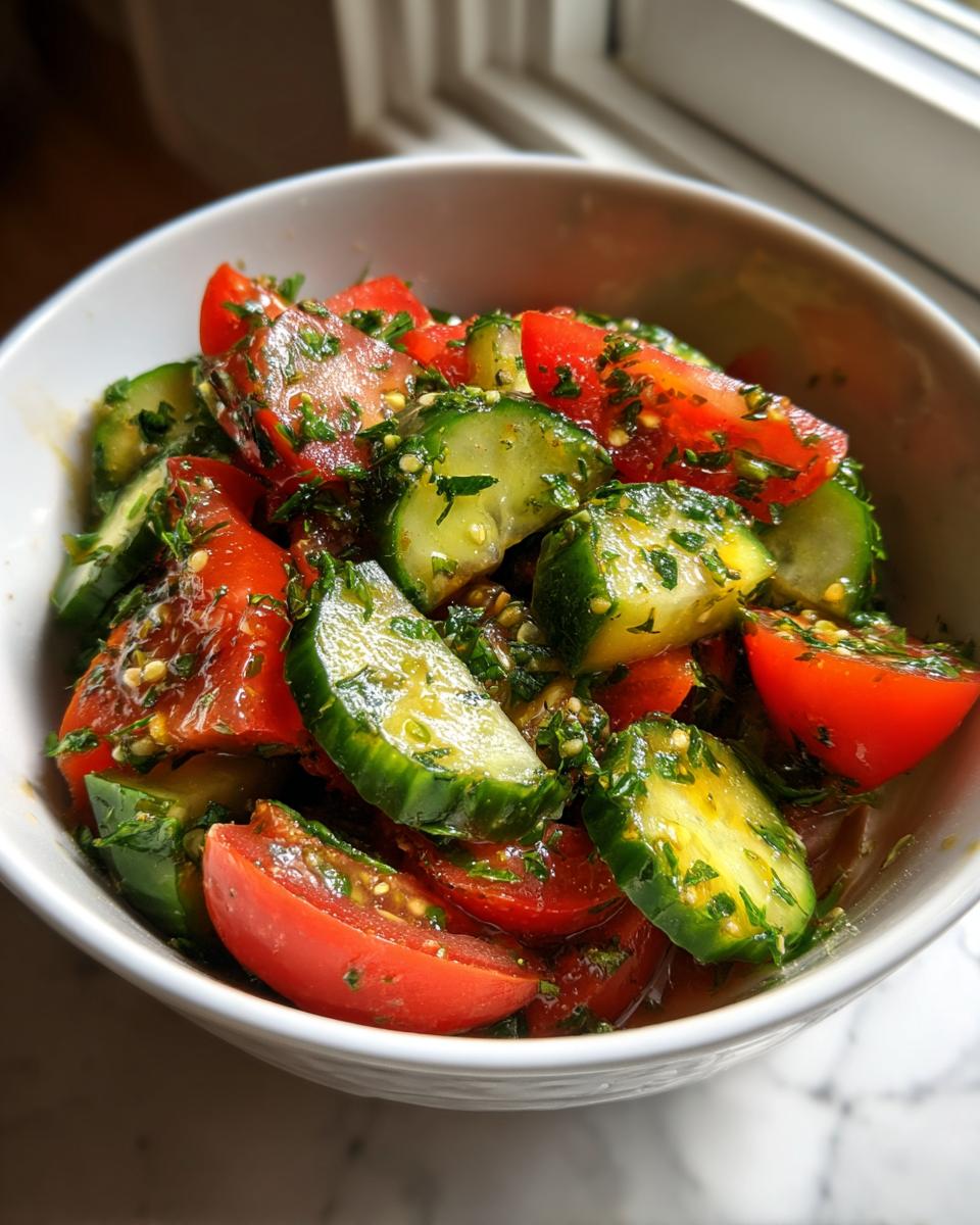 Close-up of vibrant cucumber tomato salad tossed with herbs and dressing in a white bowl.