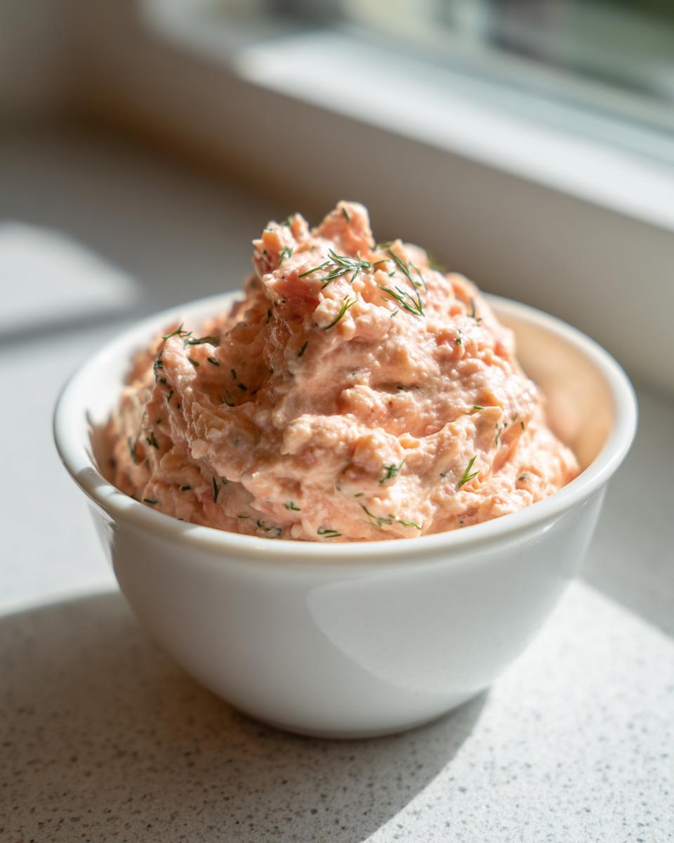 A close-up of creamy pink salmon dip topped with fresh dill, served in a white bowl by a window.
