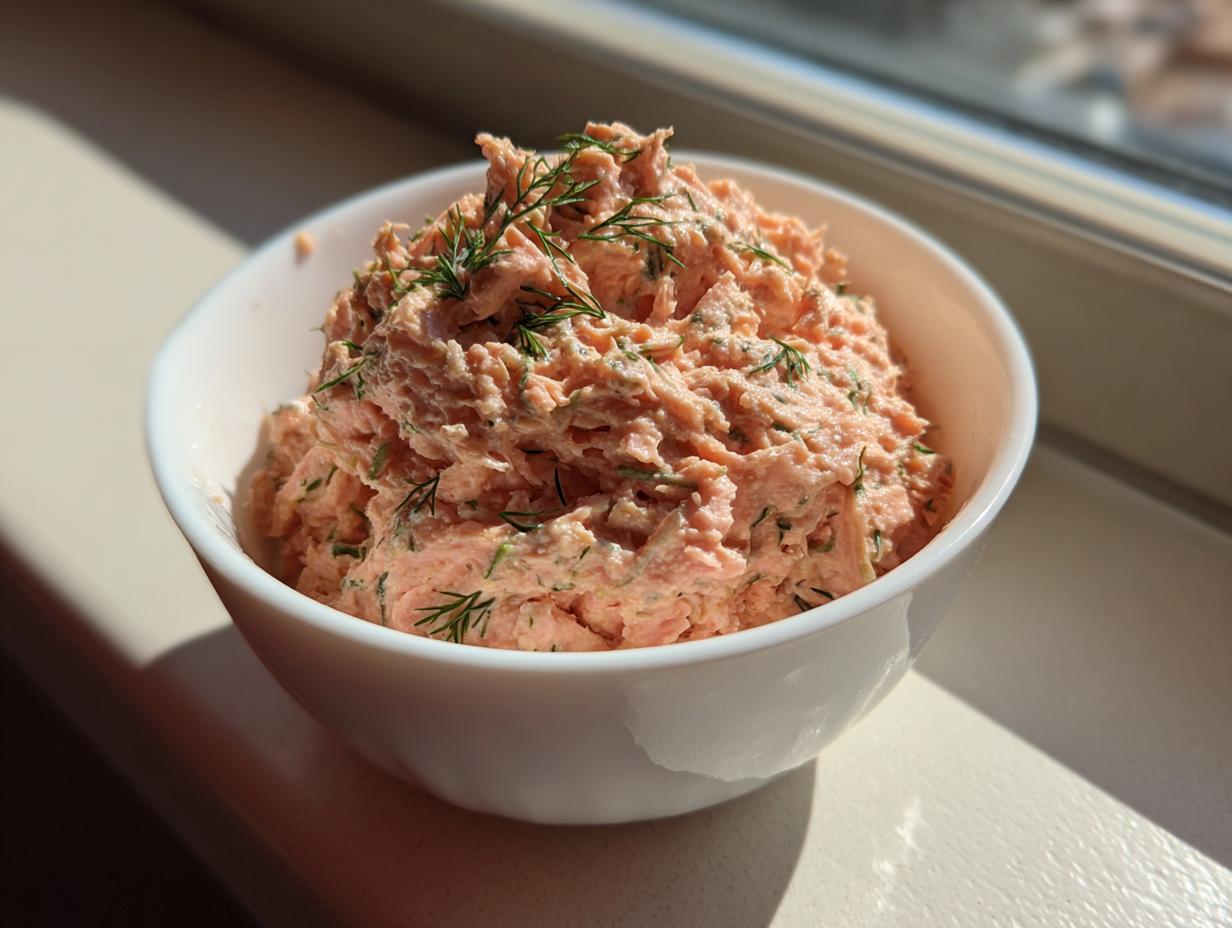 A white bowl filled with creamy pink salmon dip, garnished generously with fresh dill, sitting on a windowsill.