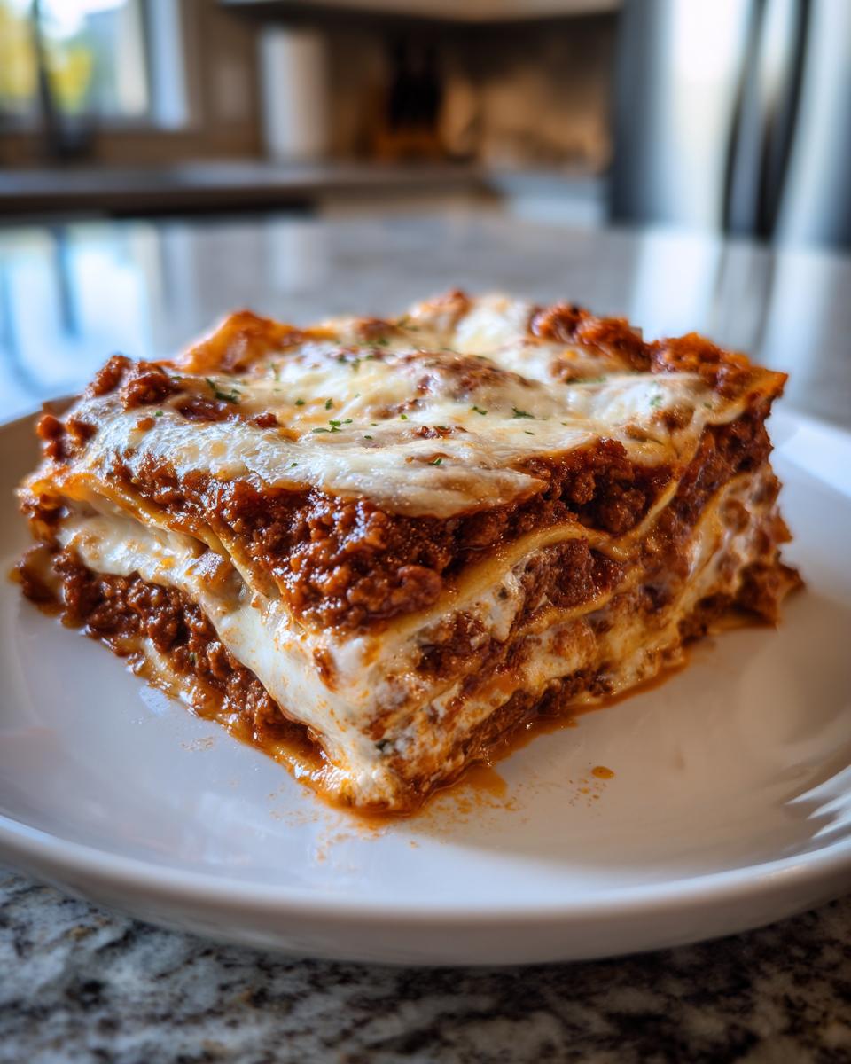 A thick, layered slice of homemade lasagna with rich meat sauce and melted cheese topping.