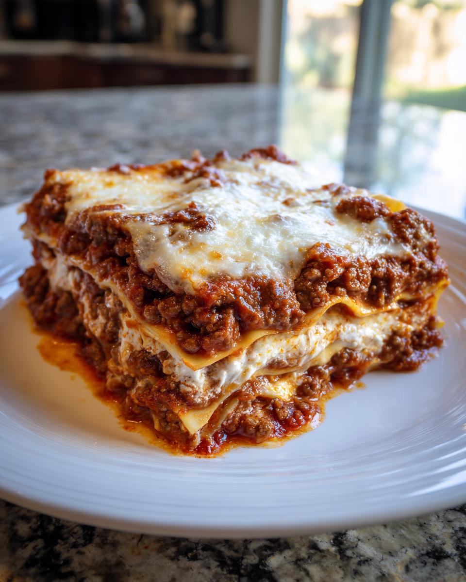 A thick, layered slice of bubbling, cheesy lasagna with rich meat sauce on a white plate.