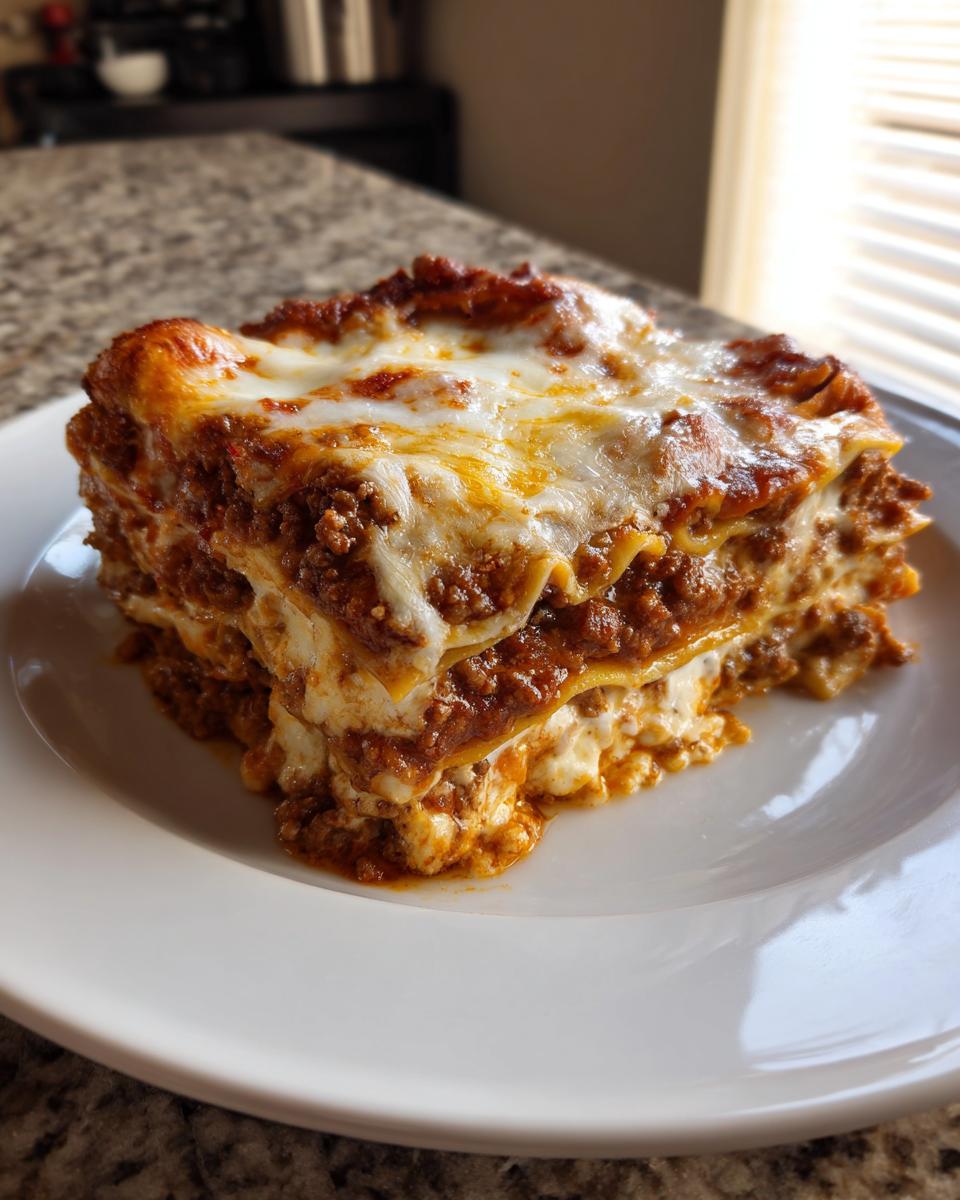 A thick, cheesy slice of homemade lasagna with rich meat sauce served on a white plate.