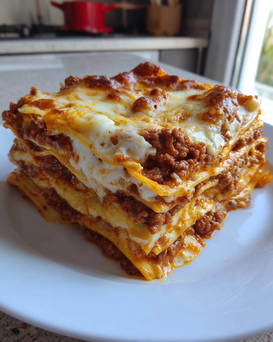 A tall, multi-layered slice of baked lasagna with rich meat sauce and melted cheese topping.