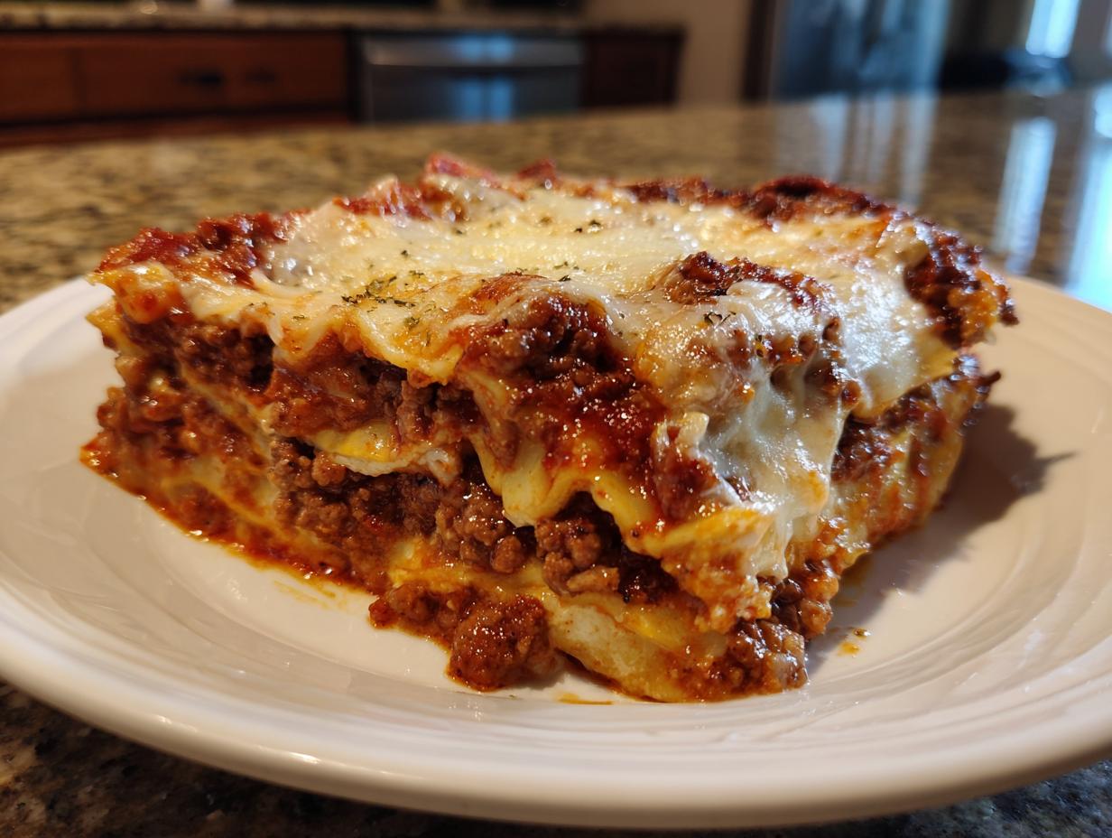 Close-up of a hearty, cheesy slice of lasagna with rich meat sauce layered between pasta sheets.
