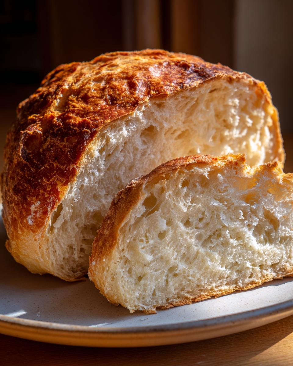 Close-up of a freshly baked yeast bread loaf, sliced open to show the airy, white interior crumb.