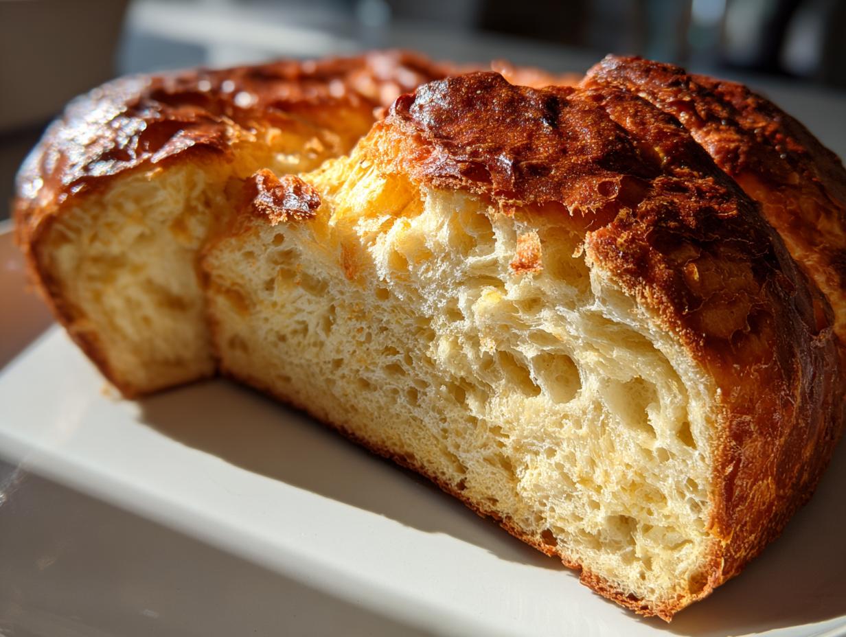 Cross-section view of a golden brown yeast bread showing a soft, airy crumb structure.