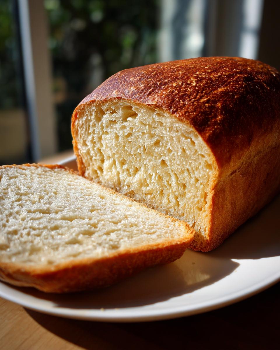 A golden-brown loaf of homemade yeast bread, sliced open to show the soft, airy interior.