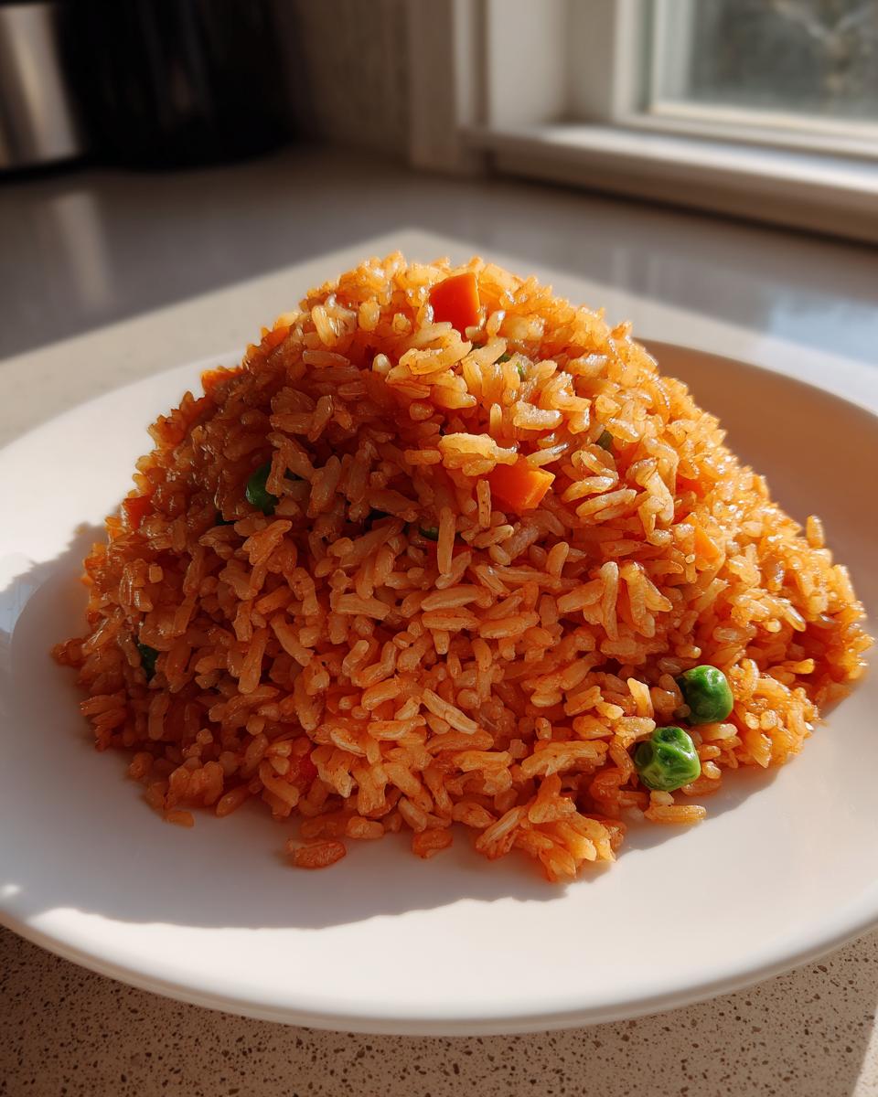 A mound of vibrant orange Mexican rice mixed with peas and carrots served on a white plate.