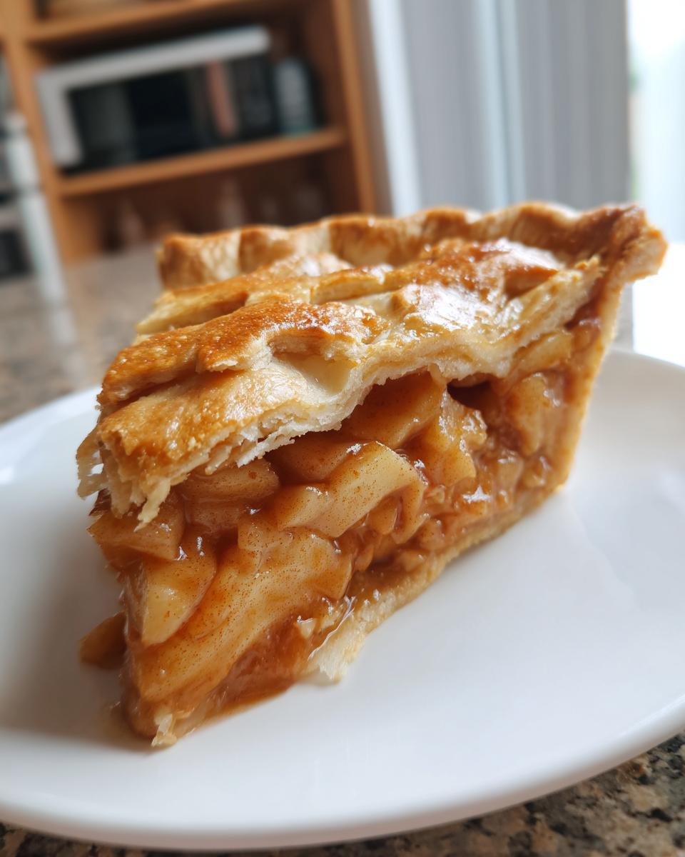 Close-up of a slice of amazing apple pie showing thick, caramelized apple filling and a golden, flaky lattice crust.