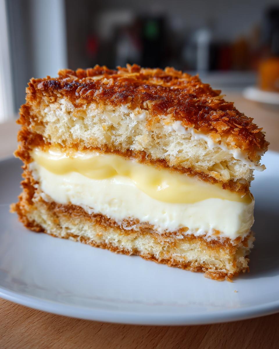 Close-up of a perfect slice of bee sting cake showing layers of sponge, cream filling, custard, and caramelized topping.