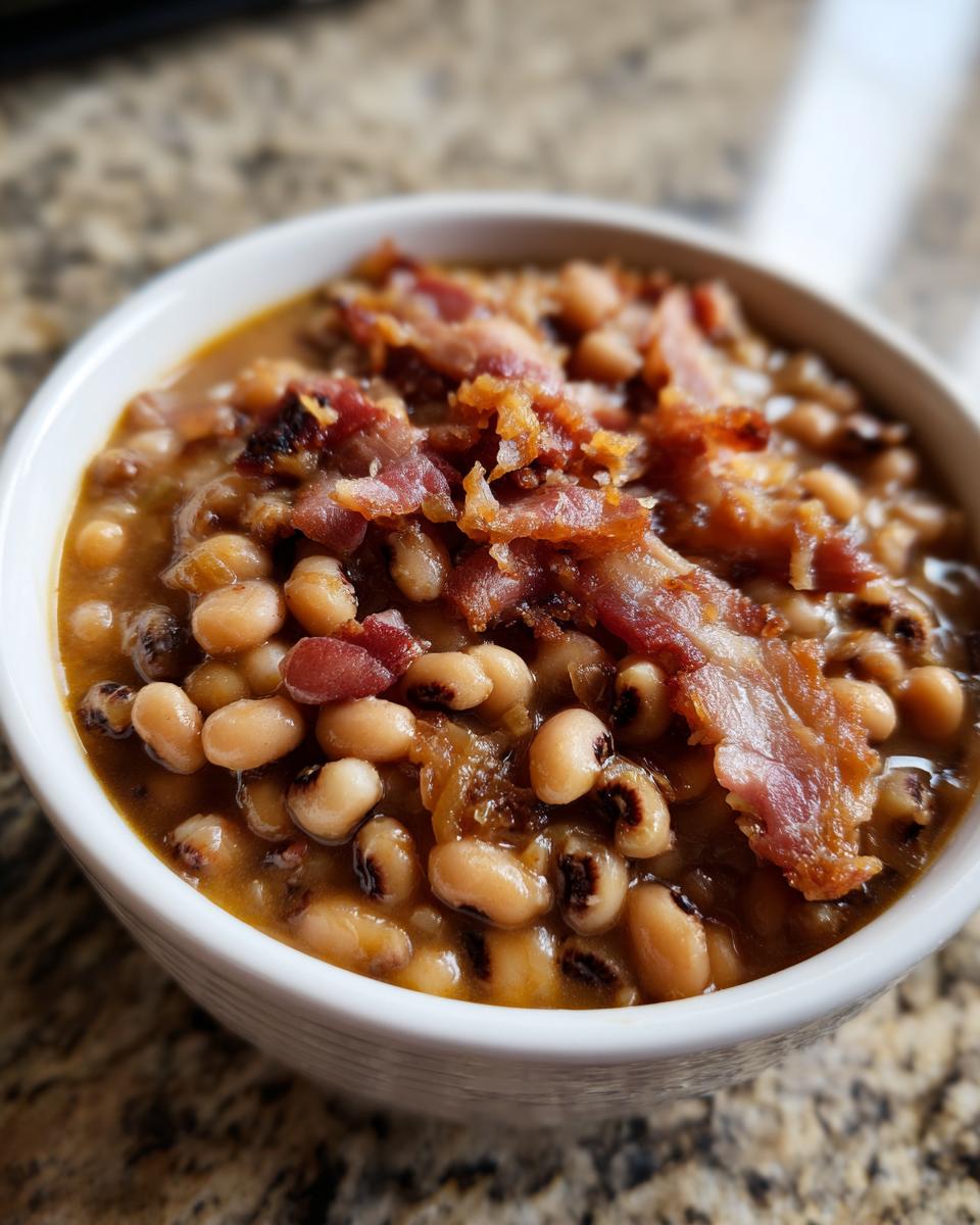 Close-up of a white bowl filled with savory black eyed peas topped with crispy bacon pieces.