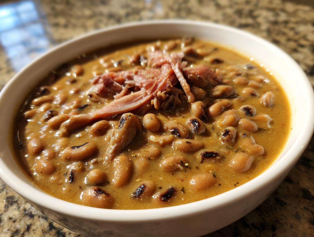 Close-up of a creamy bowl of savory black eyed peas topped with shredded ham.