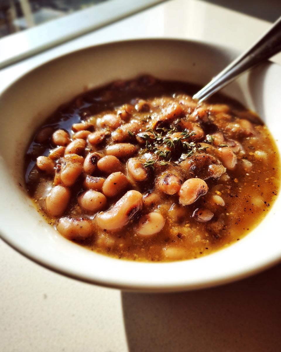 A close-up, sunlit bowl filled with a rich, savory black eyed peas recipe, garnished with herbs.