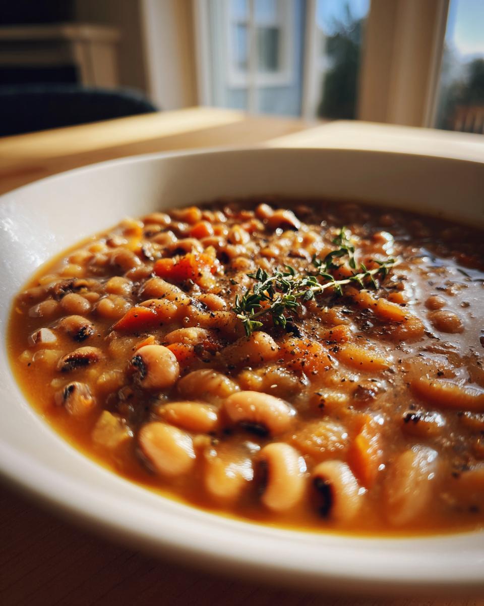 Close-up of a hearty bowl of amazing black eyed peas recipe, garnished with fresh thyme and pepper.