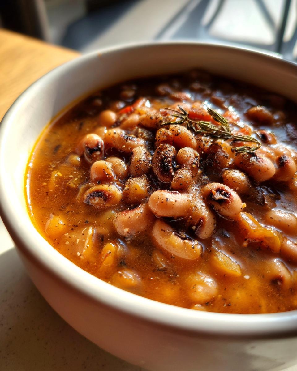 Close-up of a white bowl filled with a rich, savory black eyed peas recipe, garnished with pepper and a sprig of thyme.