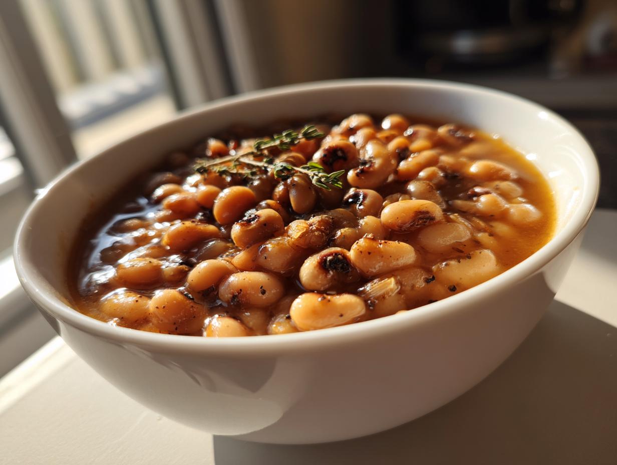 A close-up of a white bowl filled with a savory black eyed peas recipe, garnished with fresh thyme.