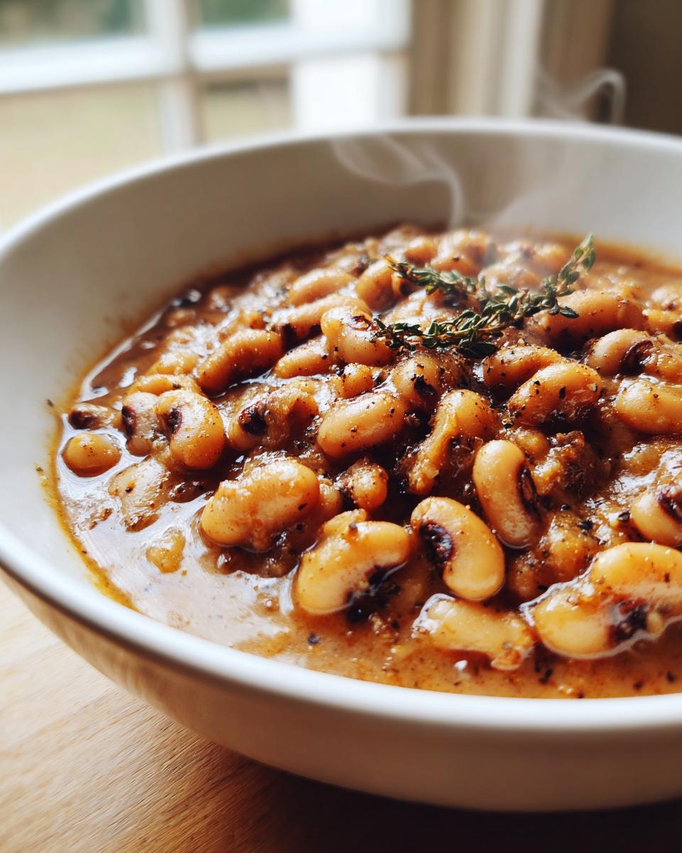 Close-up of a steaming white bowl filled with a rich, savory black eyed peas recipe, garnished with fresh thyme.