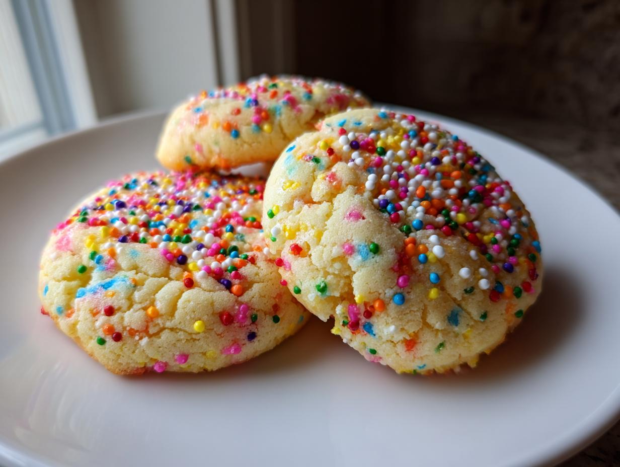 Three soft, round cake batter cookies loaded with colorful sprinkles resting on a white plate.