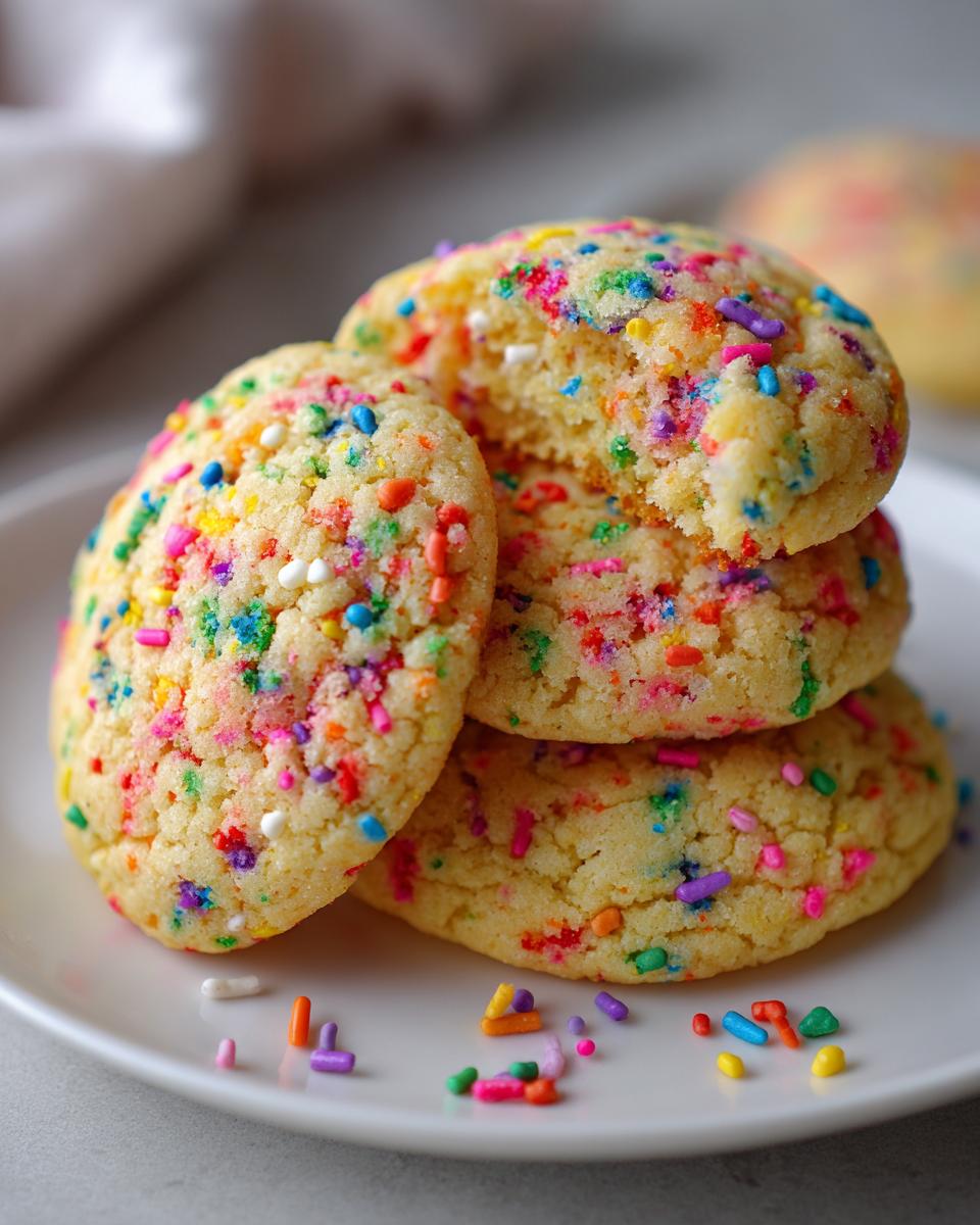 A stack of three soft cake batter cookies loaded with colorful sprinkles, one broken open to show the texture.