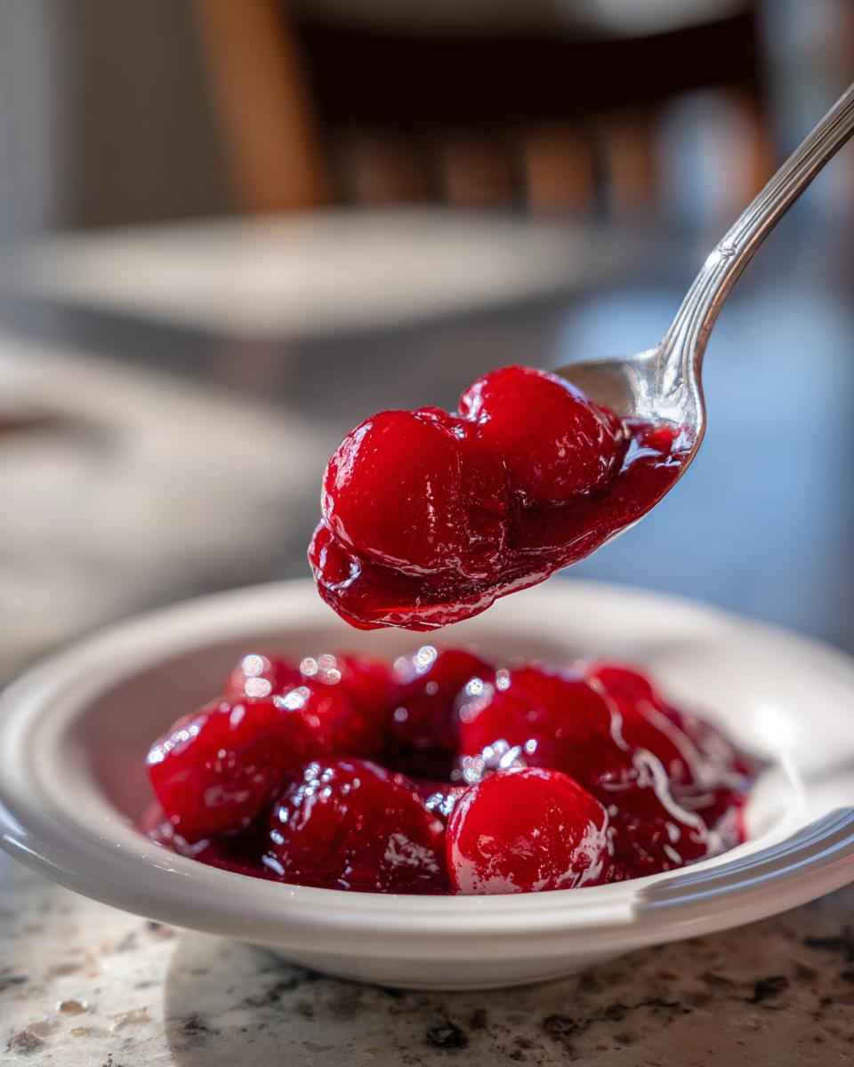 A silver spoon lifts a spoonful of glossy, bright red cherry pie filling over a small white bowl.