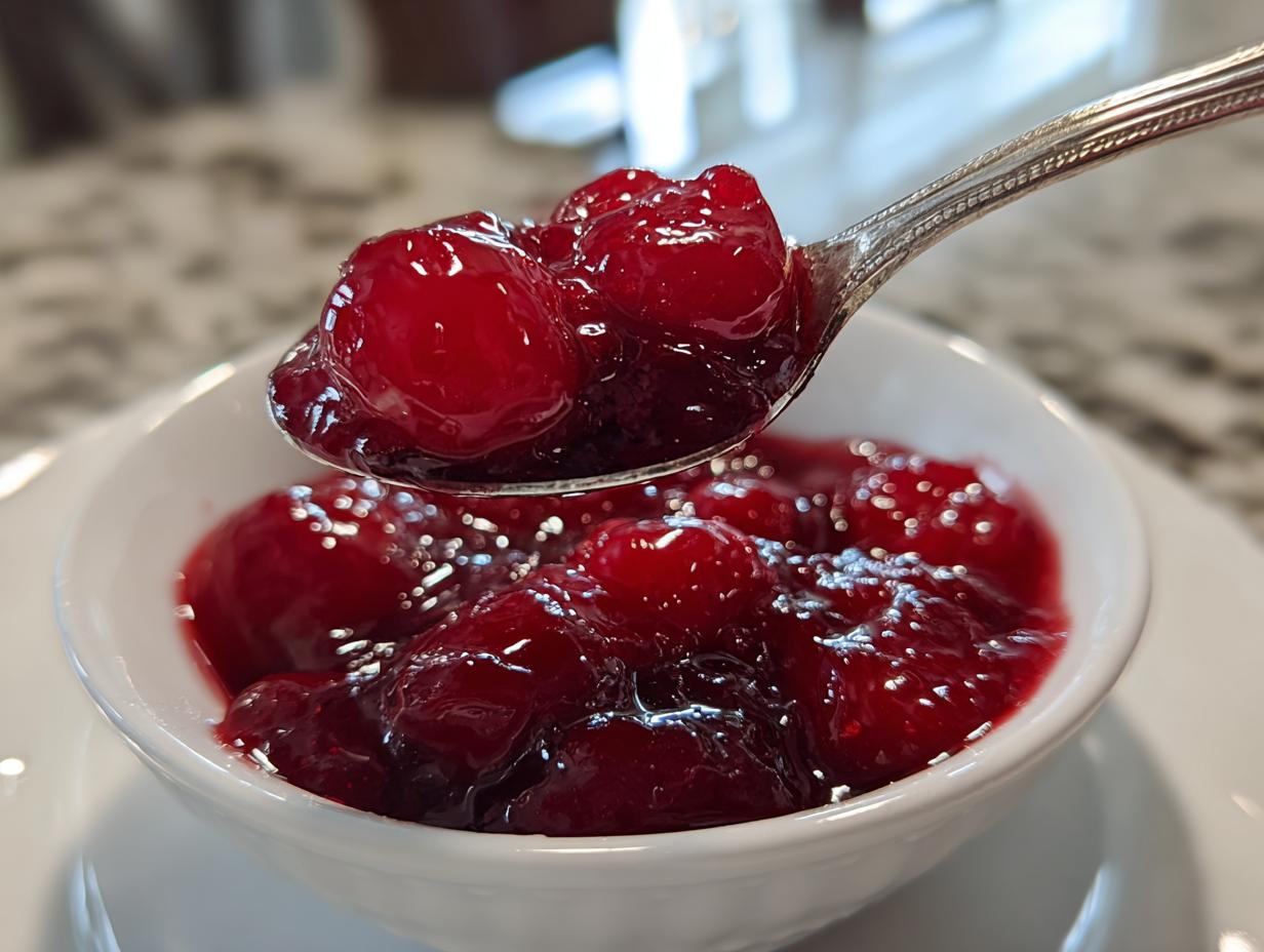 A spoonful of glistening, deep red cherry pie filling being lifted from a small white bowl.
