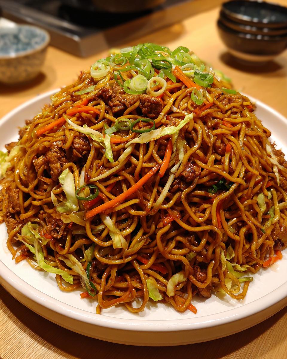 A large serving of saucy chicken chow mein recipe noodles mixed with shredded cabbage and carrots, topped with green onions.