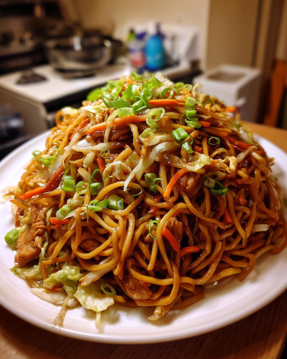 A large mound of delicious chicken chow mein recipe noodles, stir-fried with cabbage and carrots, topped with green onions.