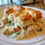 A close-up of a serving of creamy chicken pot casserole topped with golden, flaky biscuits.