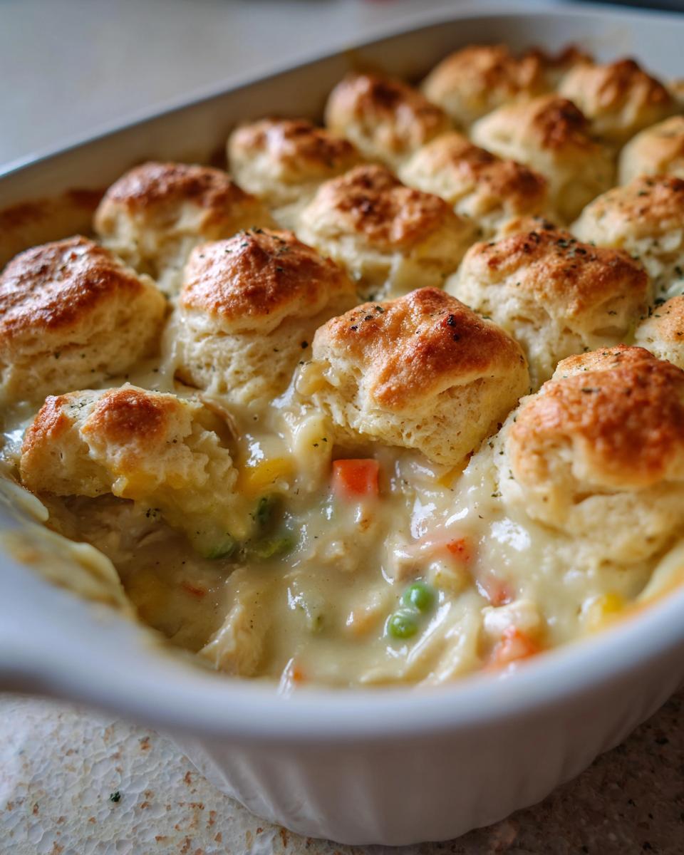 Close-up of a creamy chicken pot casserole topped with golden, fluffy biscuits.
