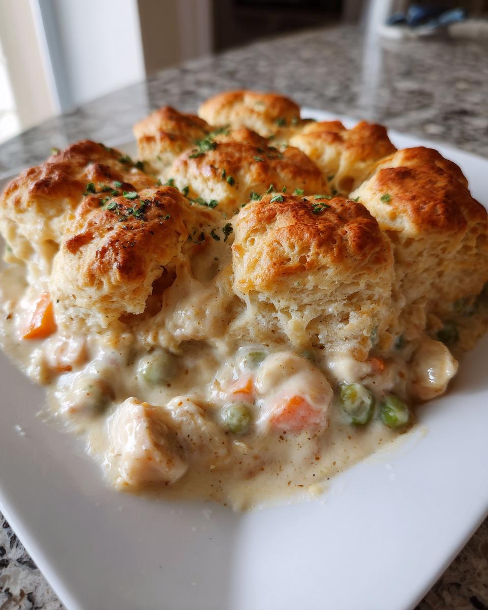 Close-up of a creamy chicken pot casserole topped with golden, fluffy biscuits, garnished with parsley.