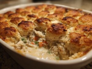 Close-up of a creamy chicken pot casserole with shredded chicken, peas, and carrots, topped with golden brown biscuits.