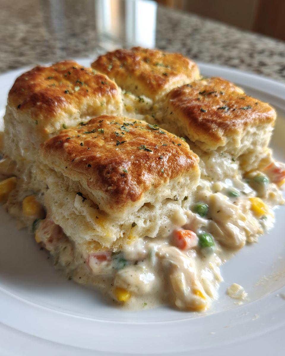 A serving of creamy chicken pot casserole topped with four golden brown biscuits, garnished with herbs.