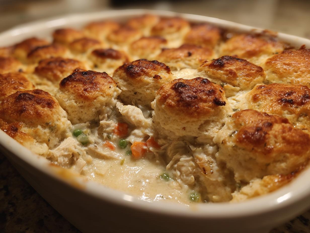 Close-up of a creamy chicken pot casserole with shredded chicken, peas, and carrots, topped with golden brown biscuits.