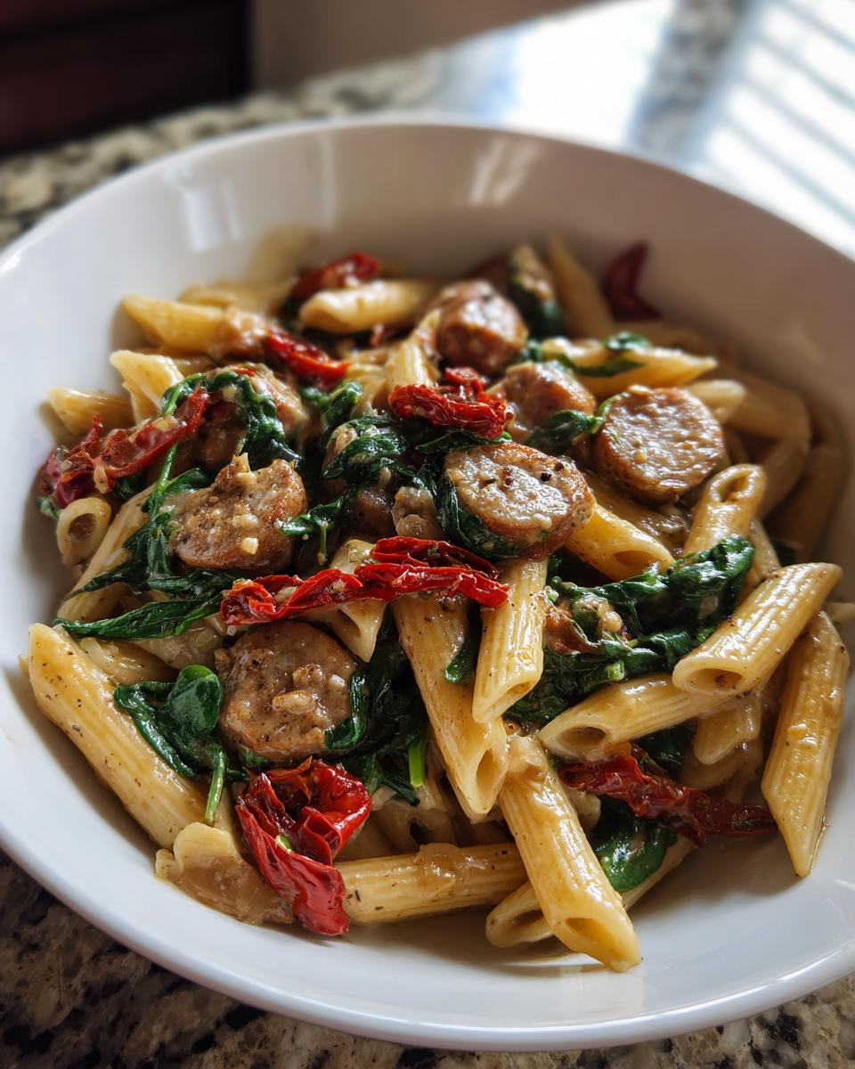 Close-up of penne pasta mixed with sliced chicken sausage, spinach, and sun-dried tomatoes in a white bowl.
