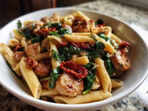 A close-up of a white bowl filled with amazing chicken sausage pasta, penne, spinach, and sun-dried tomatoes.