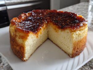 A whole creme brulee cheesecake with a slice removed, showing the creamy interior and caramelized, torched sugar topping.