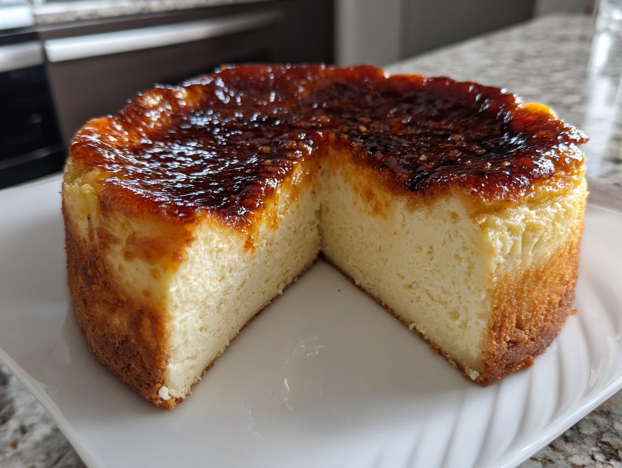A whole creme brulee cheesecake with a slice removed, showing the creamy interior and caramelized, torched sugar topping.